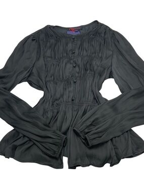 Madison & Park elegant black blouse with ruffles and button up front